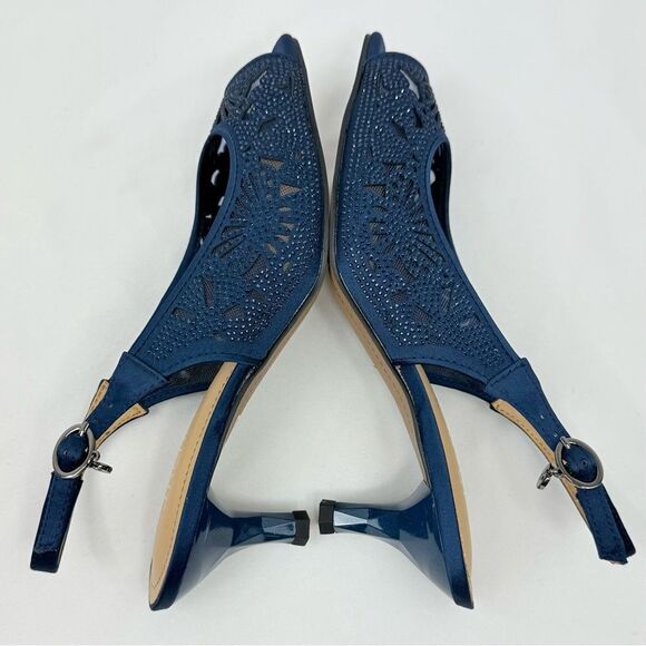 J. Renee ARATA Navy Blue Sparkle Laser Cutout Lace Mesh Open Toe Slingback Heels - Picture 10 of 16